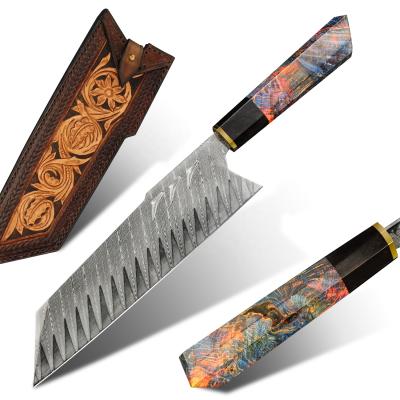 China Professional Stocked 8in 10Cr Damascus Steel Handle Solid Blade Japanese Kitchen Santoku Knife With Sheath for sale