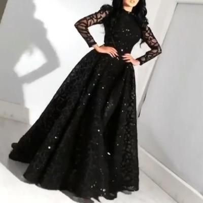 China 2022 new Anti-wrinkle design ladies lace up evening dress black sequin ball gown elegant long sleeve evening dress for sale