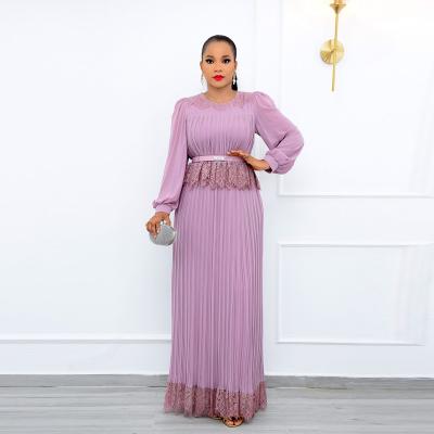 China Anti-Static Elegant Africa Women Dress Long Light Purple Pleated Skirt Round Neck Two Piece Women Dress With Belt for sale