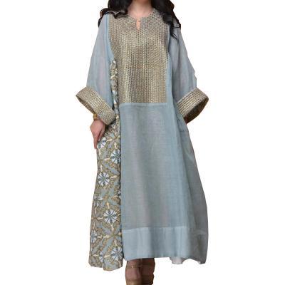 China Anti-wrinkle Fashion Women Islamic Gold Embroidery Printed Round Neck Long Sleeves Muslim Abaya Dresses for sale