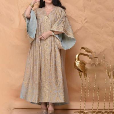 China Large swing sleeves ladies elegant v-neckline anti-static Muslim gold embroidery loose middle east dresses for ladies for sale