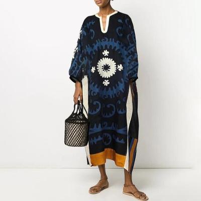 China Anti-Static Muslim Ladies Printed Casual Dresses Big Swing Sleeves Loose Middle Eastern Dresses For Women for sale