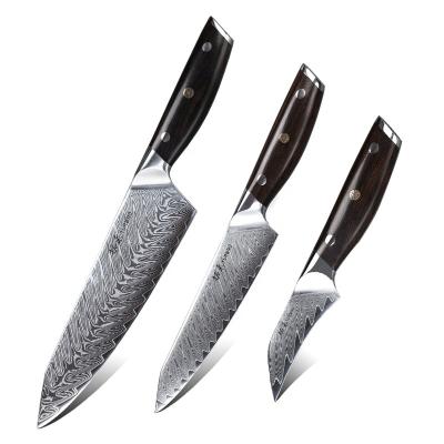 China Viable Professional 3-Piece Damascus Steel Kitchen Knife Set for sale