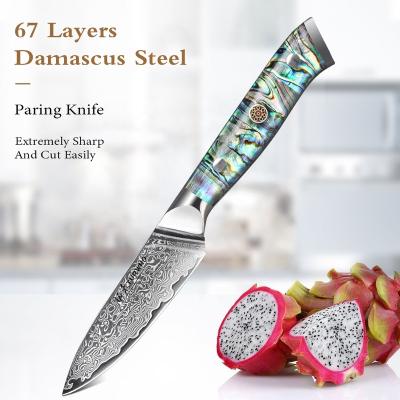 China 67 Layers Viable Damascus Steel Fruit Peeling Peeling Knife With Abalone Shell Handle for sale