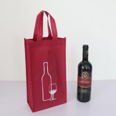 China Custom logo printed reusable non woven 2 bottle wine shopping bag washable for sale