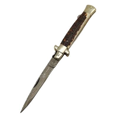 China Slide Open Clouded Damascus Hunting Folding Pocket Knife With Antler Handle for sale