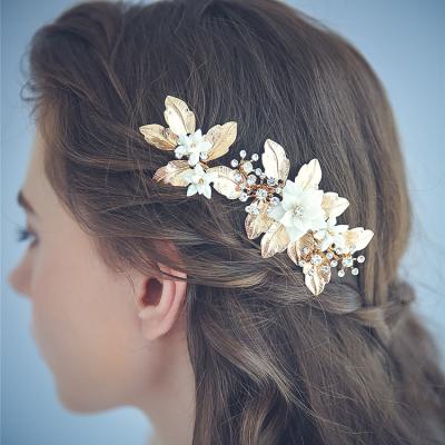 China Handmade Gold Foil Crystal Accessories Barrette Ceramic Flower Hair Accessory Eco-friendly Women Wedding Jewelry Bridal Hair Clips for sale