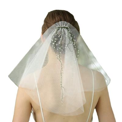 China Lace Edge Exquisite White Colored Wedding Veil Green String Crystal Bridal Veil for sale