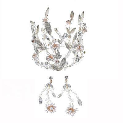 China Romantic Pale Gold Rhinestone Earrings Zinc Alloy Crown Bride Wedding Jewelry Sets for sale