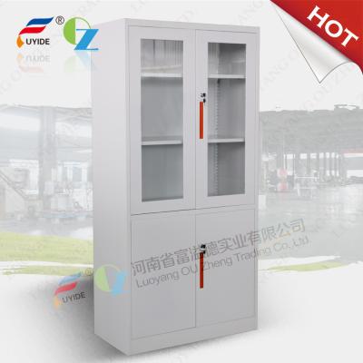 China KD Steel cupboard with class and steel door, swing/sliding open,white color/green handle/directly offer for sale