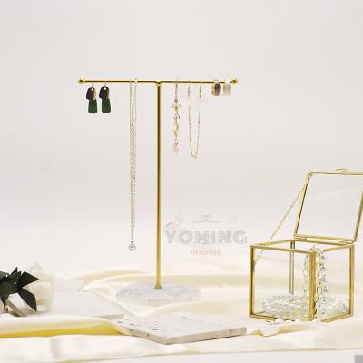 China Earing Rack/Restaurant/Hotel Decoration Metal Fashion Jewelry Display Stand Home Ring Earring Bracelet Necklace T-Shaped Display Rack With Imitation Marble Base for sale