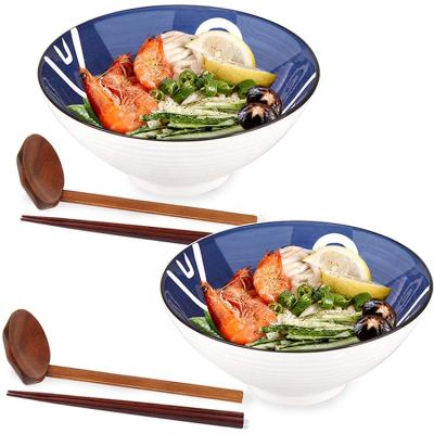 China Japanese Ramen Bowl Assorted 8 Inch Ramen Spoon and Chopsticks 1200ml Viable Ceramic Japanese Noodle Soup Bowl for sale