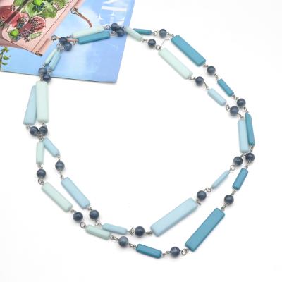 China 2021 CLASSIC Color Double Layer Resin Blue Acrylic Necklace Women Long Plastic Round Beads Link Chain Necklace for sale