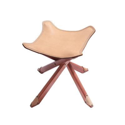 China Collapsible Leather Folding Stool with Solid Wood Legs for Fishing Portable Camping Chair Retro Style Decoration for Living Room for sale