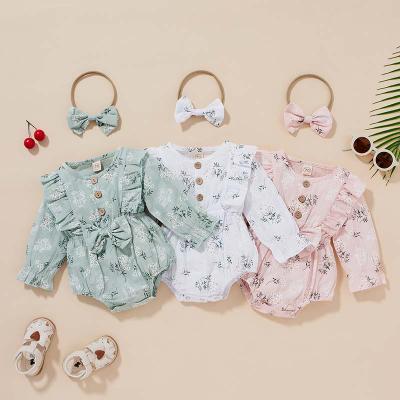 China New Breathable 100% Cotton Ruffle Rompers Clothes Lotus Leaf Spring Clothing Girl Baby Romper Hair Band Set for sale