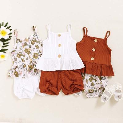 China New Summer Casual Print Flower Button 2 Pieces Shorts Set Clothing Babies Suspender for sale