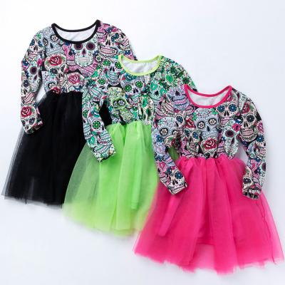 China Cheap Anti-wrinkle Bone Printed High Quality Long Sleeve Kid Punk Girl Tulle Layered Dress for sale