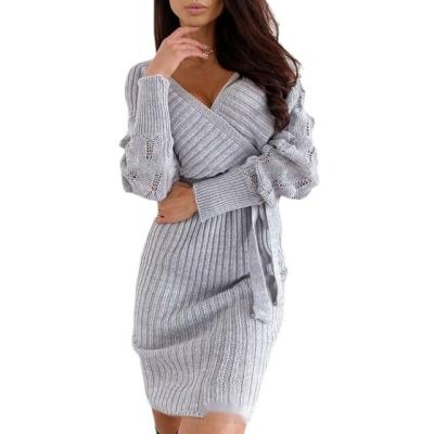 China Anti-pilling 2022 Women's V-Neck Wrap Ribbed Knit Fashion Sweaters Dress Winter Bat Sleeve Sweater Knit Bodycon Dress for sale