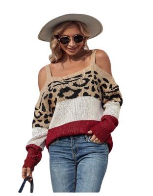 China Wholesale new contrast anti-pilling 2022 leopard color women's sweater fashionable shoulder strap sexy long-sleeved sweater for sale