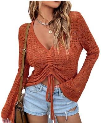 China 2022 Sexy Lace BikiniWomen Holiday Skirt Beach Anti-pilling Long Sleeve Blouse Wave Crochet Hollow Sweater For Women for sale