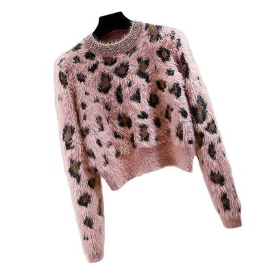 China 2022 New Anti-pilling Women's Casual Leopard Print Size Knitted Cropped Top Sweater Yarn Diamond Fuzzy Sweaters for sale