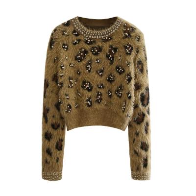 China 2022 OEM ODM women's casual leopard print new size knitted top sweater yarn fuzzy diamond beading sweaters for sale