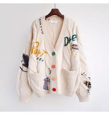 China Anti-pilling 2022 New Style Embroidery Oversized Knitted Ladies With Pockets Jacquard Designer Vintage Women Cardigans Loose Custom Sweater for sale