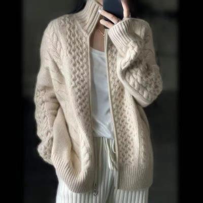 China 2022 Cashmere Anti-pilling Turtle Neck Zipper Sweater Women's Lazy Short Loose Short Wool Knitted Top Coat Heavy Thick Sweater Women for sale