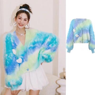 China Anti-pilling Women 2022 Winter OEM Dropship ODM Fashion Teddy Sequined Fur Coat Fuzzy Women Jackets And Coats Faux Rainbow Buttons for sale