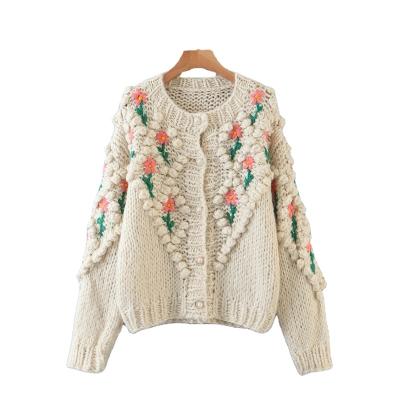 China Anti-wrinkle popcorn hand knit knitted cardigan sweater design custom handmade crochet embroidery hand knit sweater for ladies for sale