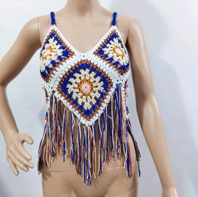 China Factory anti-pilling ODM pure hand crochet hollow pattern embroidery handmade V-neck bikini tassel colorful knitted top vests for sale