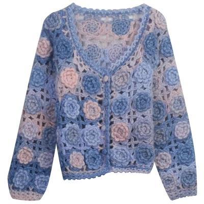 China 2022 wholesales V-neck winter anti-pilling long sleeves hand knit women's handmade knitted crochet cardigan sweater sweater for sale