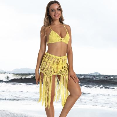 China Viable factory custom 2022 hand crochet bikini swimwear women cross ties swimsuit beach cotton skirt knit bra 3 piece set for sale