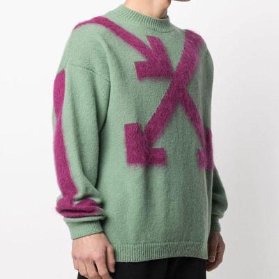 China Warm Men Fuzzy Jacquard Knit Sweater Anti-pilling Sweater OEM Logo Mens Jumpers Multicolor Mohair Sweater Custom Winter Pullover for sale