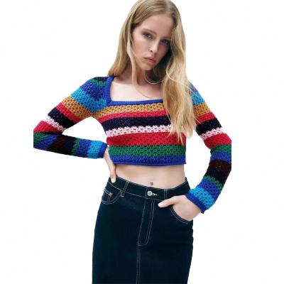 China Factory OEM Anti Shrink Logo Rainbow Custom Square Neck Striped Knit Sweater Summer Top Slim Fit Cutout Cropped Sweater for sale