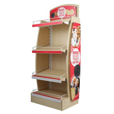 China Easy Assembly Metal Wood Snack Display Rack Shelving Floor Standing Cosmetic Shop Display Rack Design for sale