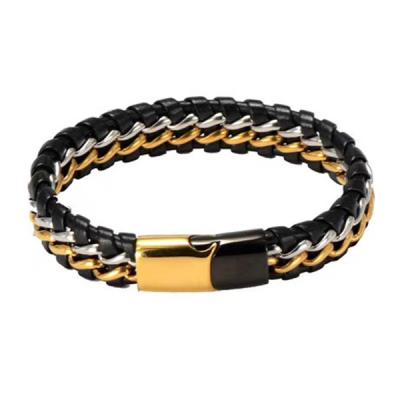 China Customized Trendy Trendy Gold Tone Steel Twist Leather Black Bracelet for Men, Leather Bracelet Gifts for sale