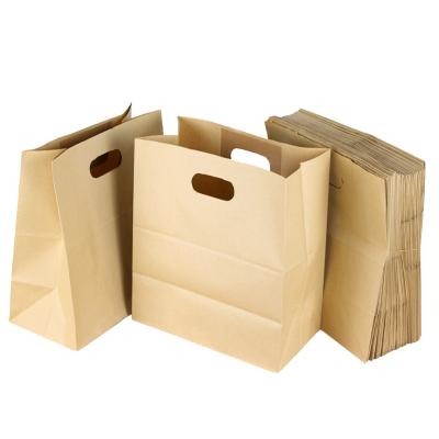 China Recyclable Fast Food Bag With Die Cut Handle For Food Packaging Take Away Kraft Paper Bag for sale