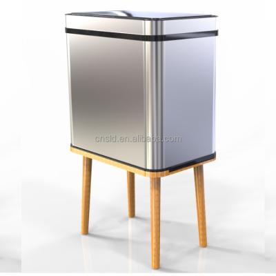 China WITH LID 30L Stainless Steel Sensor Bin Motion Trash Bin Automatic Waste Bin With Wooden Foot for sale