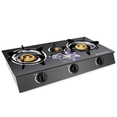 China Hotel Style Kitchen Three Burner Tempered Glass Gas Stove Countertop 3 Single Cooker Cooker for sale