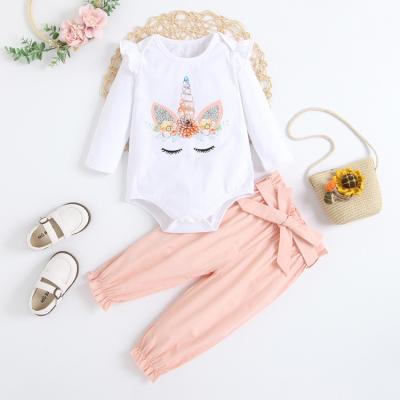 China Popular Eco-friendly Unicorn Romper Tops And Elasticated Pants With Belt Wholesale Baby Boutique Clothing Sets Infant Clothes for sale