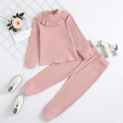 China Wholesale Price Eco-friendly Solid Color Knitted Round Neck Sweater Two Piece Set Toddler Girl Fall Clothes for sale