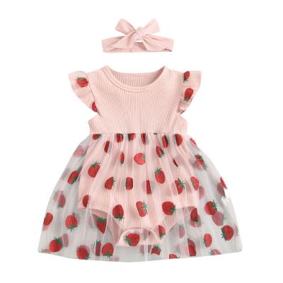 China Lovely Strawberry Pattern Lace Skirt Princess One Piece Baby Girls Romper Eco-friendly Infant Dress Dress for sale