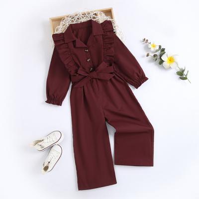 China Fashion Burgundy Breathable Design Long Sheath With Belt Autumn Baby Toddler Girl Romper Overalls for sale