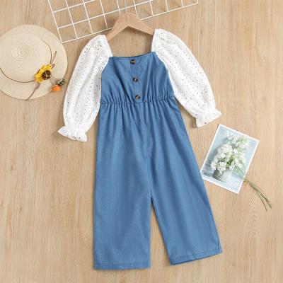 China Wholesale Breathable Square Collar Lace Hollow Sleeves 2T-6T Denim Kid Toddler Clothes Girls Overalls for sale