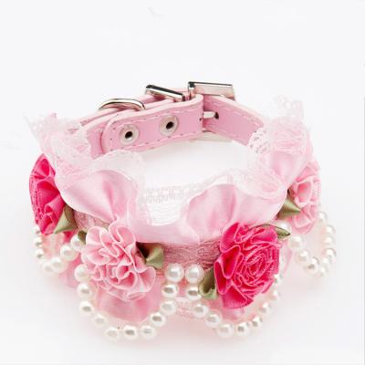 China Viable Adjustable Soft Puppy Cat Leash Floral Nylon Lace Cat Leash Floral Pearl Flower Collar for sale