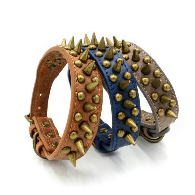 China Retro PU Leather Dog Collar Rivet Nail Pet Collar Viable Anti Sharp Bronze Sharp Head Bronze Nail Collar for sale