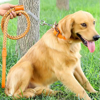 China Viable Large Dog Spring Chain Pet Leather Pull Rope Set Wholesale Customized Pet Leash Collar Suit for sale