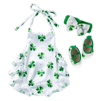 China MIA 3pcs/set Sleeveless Green Baby Rompers Set Baby Satin Rompers With Shoes Headband Baby Braces Rompers for sale