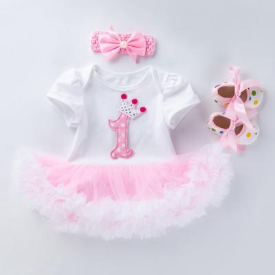 China MIA Fashion Anti-Shrink Baby Rompers Dress Pink Ruffle Bubble Skirt 3Pcs/set Cute Birthday Party Romper Set for sale